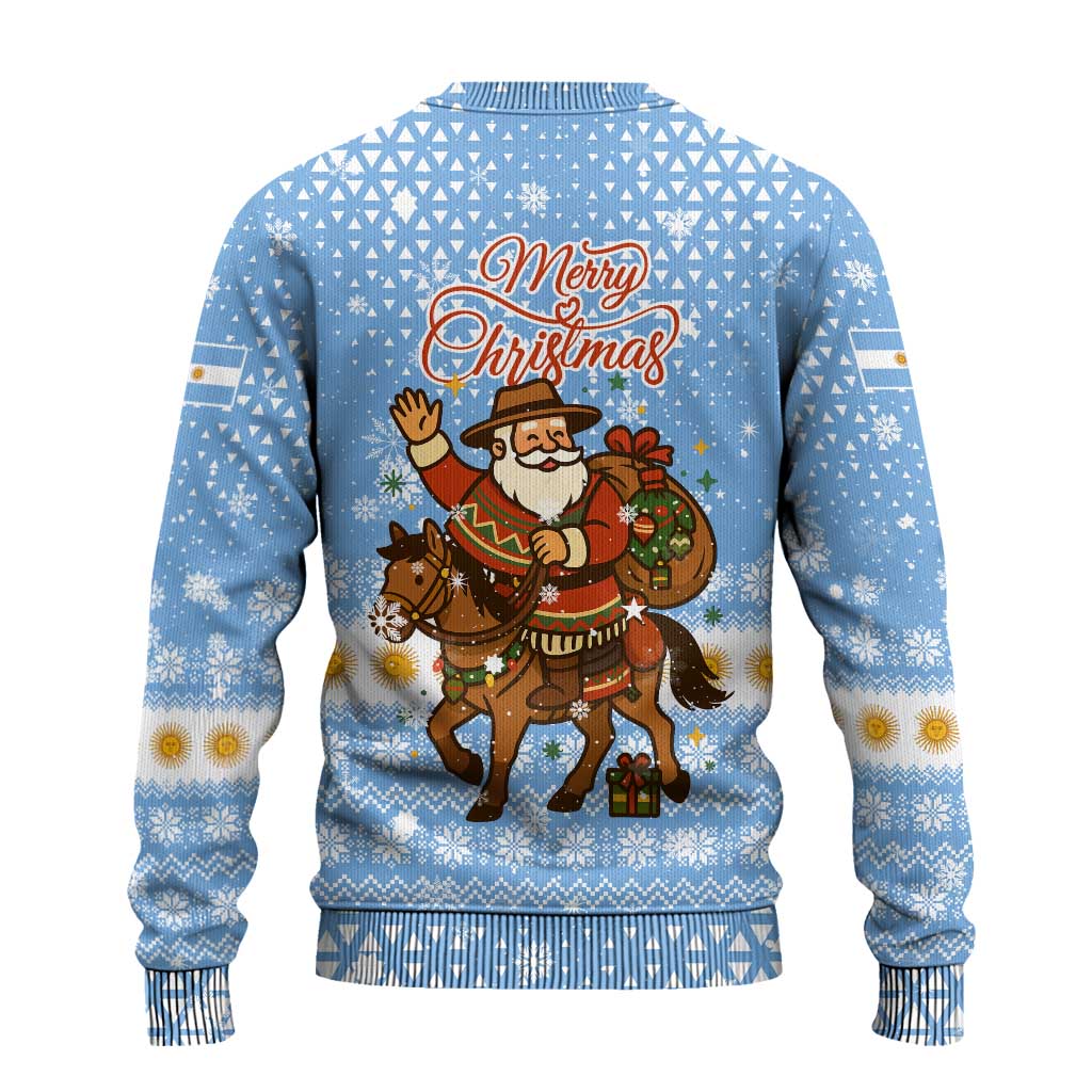 Argentina Christmas Ugly Christmas Sweater with Blue-White Snowflake Pattern, Sun Emblem, and Gaucho Santa Riding Horse Motif - Wonder Print Shop