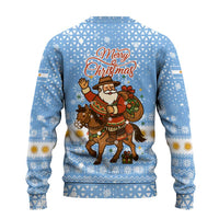 Argentina Christmas Ugly Christmas Sweater with Blue-White Snowflake Pattern, Sun Emblem, and Gaucho Santa Riding Horse Motif - Wonder Print Shop