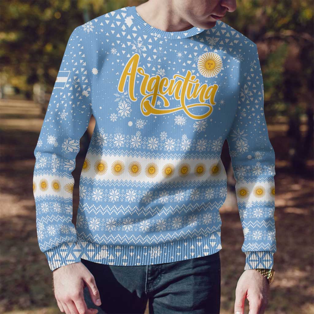 Argentina Christmas Ugly Christmas Sweater with Blue-White Snowflake Pattern, Sun Emblem, and Gaucho Santa Riding Horse Motif - Wonder Print Shop