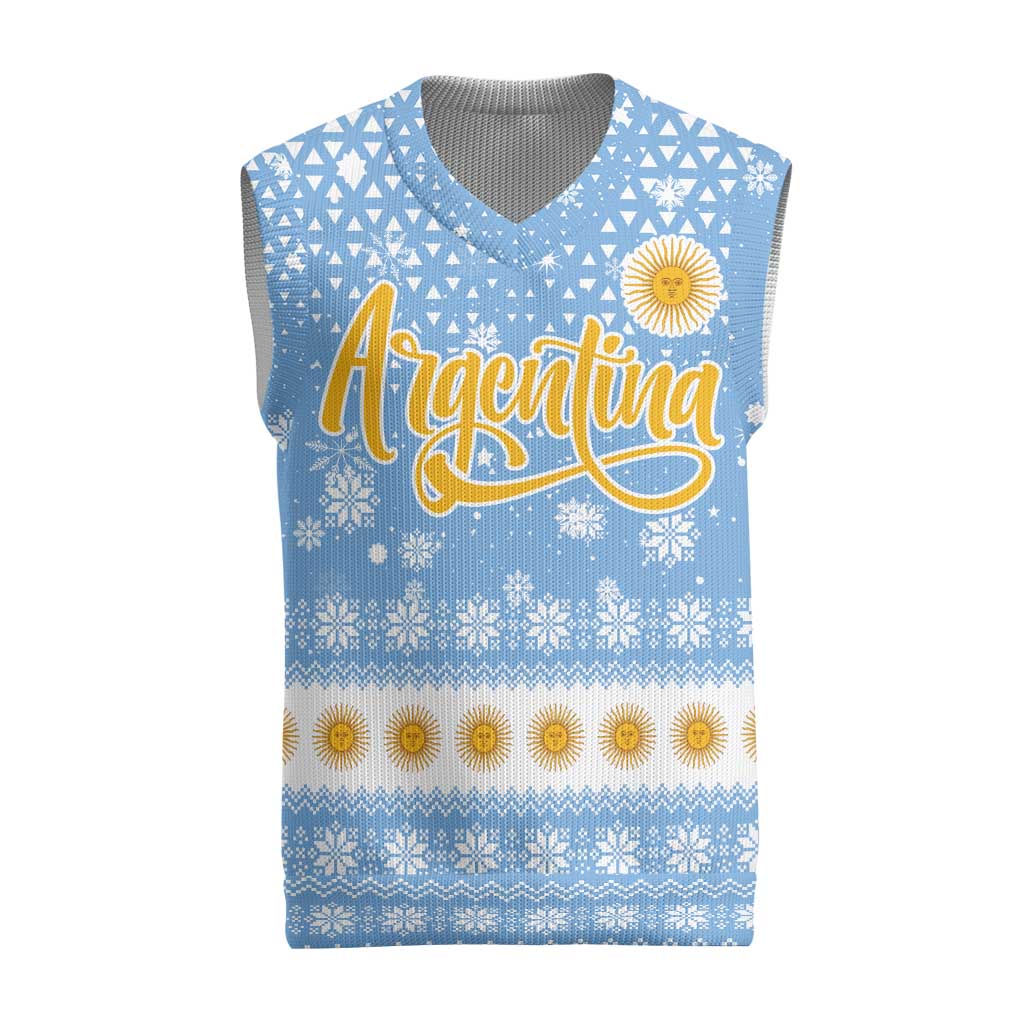 Argentina Christmas Knitted V-Neck Vest with Blue-White Snowflake Pattern, Sun Emblem, and Gaucho Santa Riding Horse Motif - Wonder Print Shop