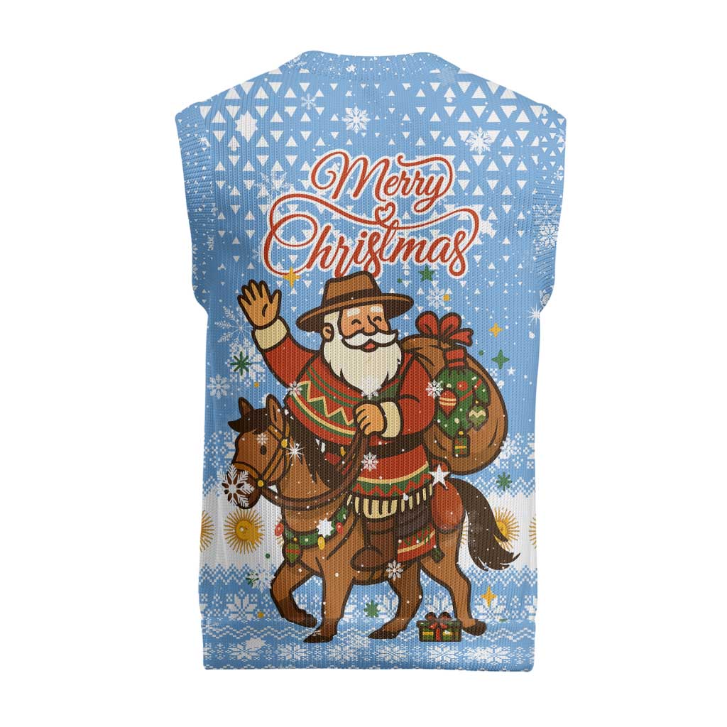Argentina Christmas Knitted V-Neck Vest with Blue-White Snowflake Pattern, Sun Emblem, and Gaucho Santa Riding Horse Motif - Wonder Print Shop