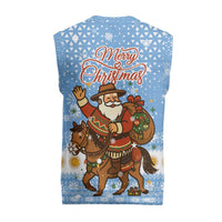 Argentina Christmas Knitted V-Neck Vest with Blue-White Snowflake Pattern, Sun Emblem, and Gaucho Santa Riding Horse Motif - Wonder Print Shop