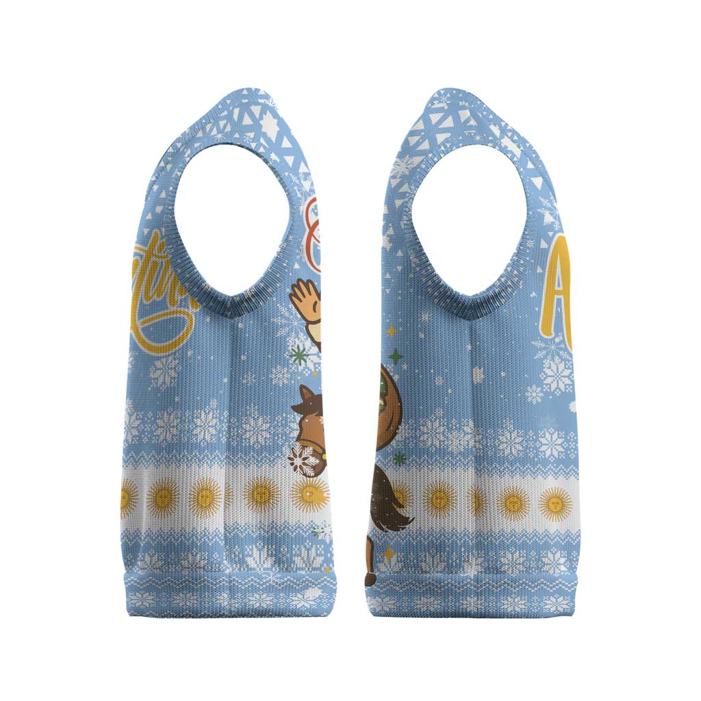 Argentina Christmas Knitted V-Neck Vest with Blue-White Snowflake Pattern, Sun Emblem, and Gaucho Santa Riding Horse Motif - Wonder Print Shop