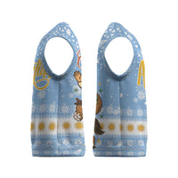 Argentina Christmas Knitted V-Neck Vest with Blue-White Snowflake Pattern, Sun Emblem, and Gaucho Santa Riding Horse Motif - Wonder Print Shop