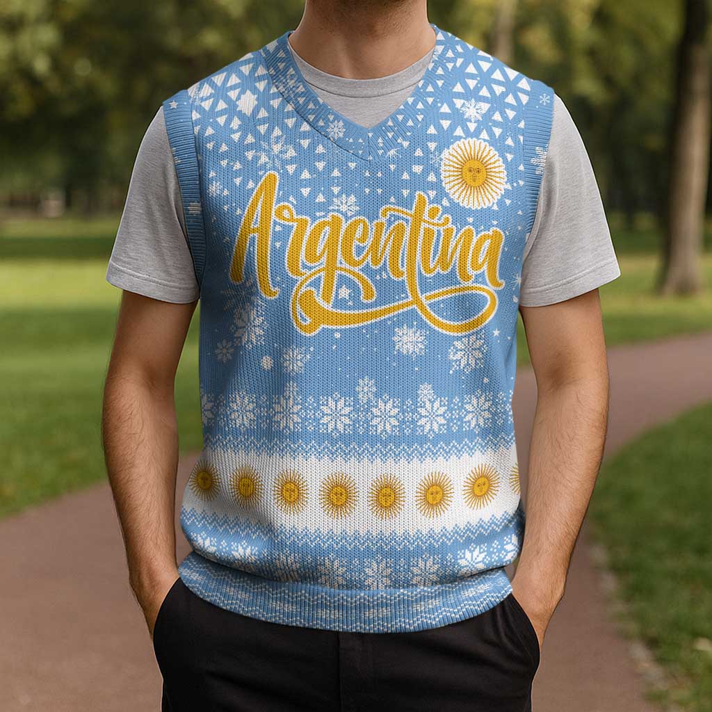 Argentina Christmas Knitted V-Neck Vest with Blue-White Snowflake Pattern, Sun Emblem, and Gaucho Santa Riding Horse Motif - Wonder Print Shop