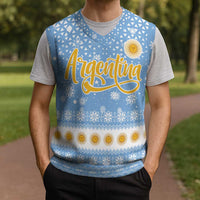 Argentina Christmas Knitted V-Neck Vest with Blue-White Snowflake Pattern, Sun Emblem, and Gaucho Santa Riding Horse Motif - Wonder Print Shop