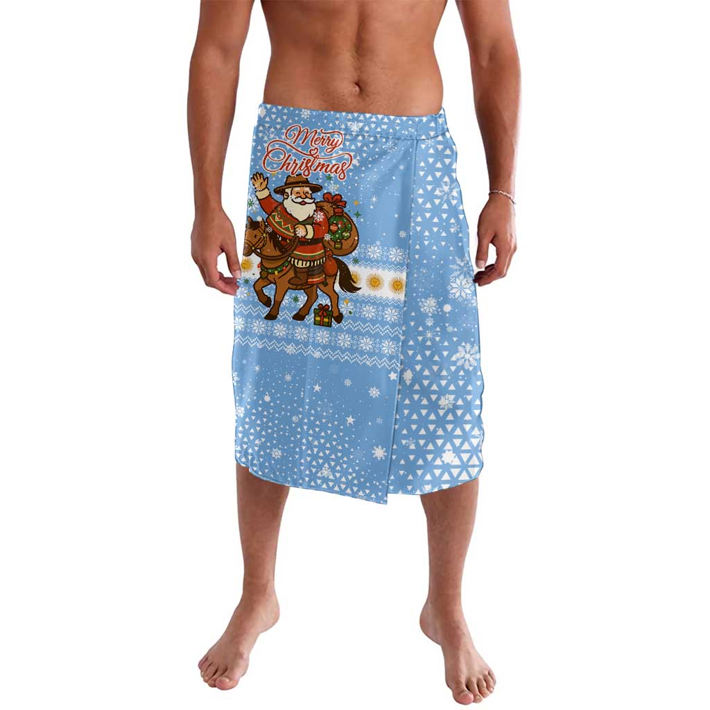 Argentina Christmas Lavalava with Blue-White Snowflake Pattern, Sun Emblem, and Gaucho Santa Riding Horse Motif - Wonder Print Shop