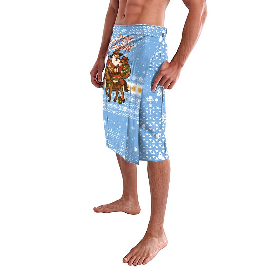 Argentina Christmas Lavalava with Blue-White Snowflake Pattern, Sun Emblem, and Gaucho Santa Riding Horse Motif - Wonder Print Shop