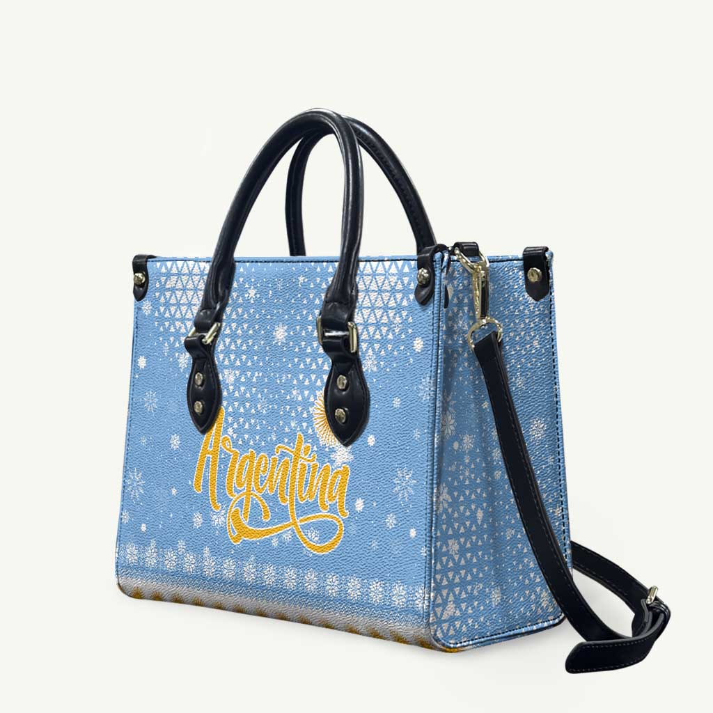 Argentina Christmas Leather Bag with Blue-White Snowflake Pattern, Sun Emblem, and Gaucho Santa Riding Horse Motif - Wonder Print Shop
