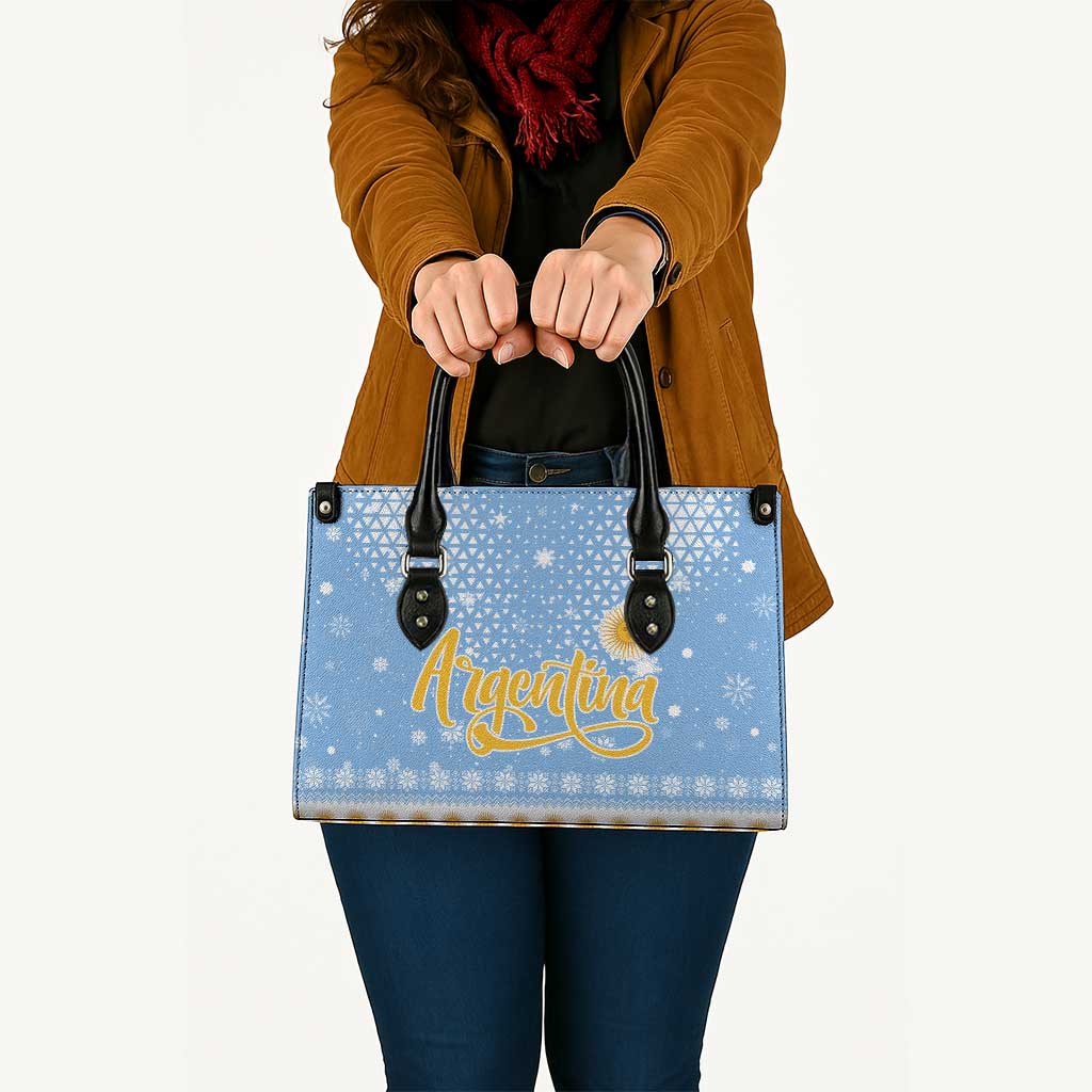 Argentina Christmas Leather Bag with Blue-White Snowflake Pattern, Sun Emblem, and Gaucho Santa Riding Horse Motif - Wonder Print Shop