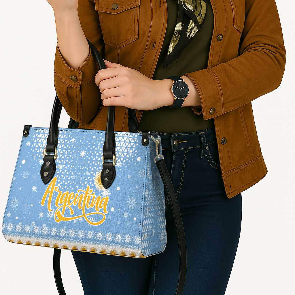 Argentina Christmas Leather Bag with Blue-White Snowflake Pattern, Sun Emblem, and Gaucho Santa Riding Horse Motif - Wonder Print Shop