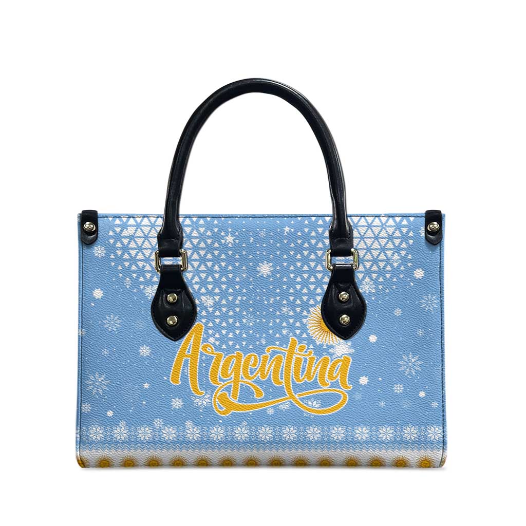 Argentina Christmas Leather Bag with Blue-White Snowflake Pattern, Sun Emblem, and Gaucho Santa Riding Horse Motif - Wonder Print Shop
