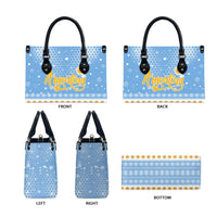 Argentina Christmas Leather Bag with Blue-White Snowflake Pattern, Sun Emblem, and Gaucho Santa Riding Horse Motif - Wonder Print Shop