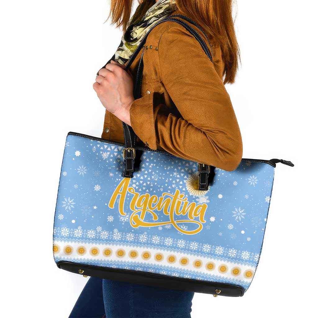 Argentina Christmas Leather Tote Bag with Blue-White Snowflake Pattern, Sun Emblem, and Gaucho Santa Riding Horse Motif - Wonder Print Shop