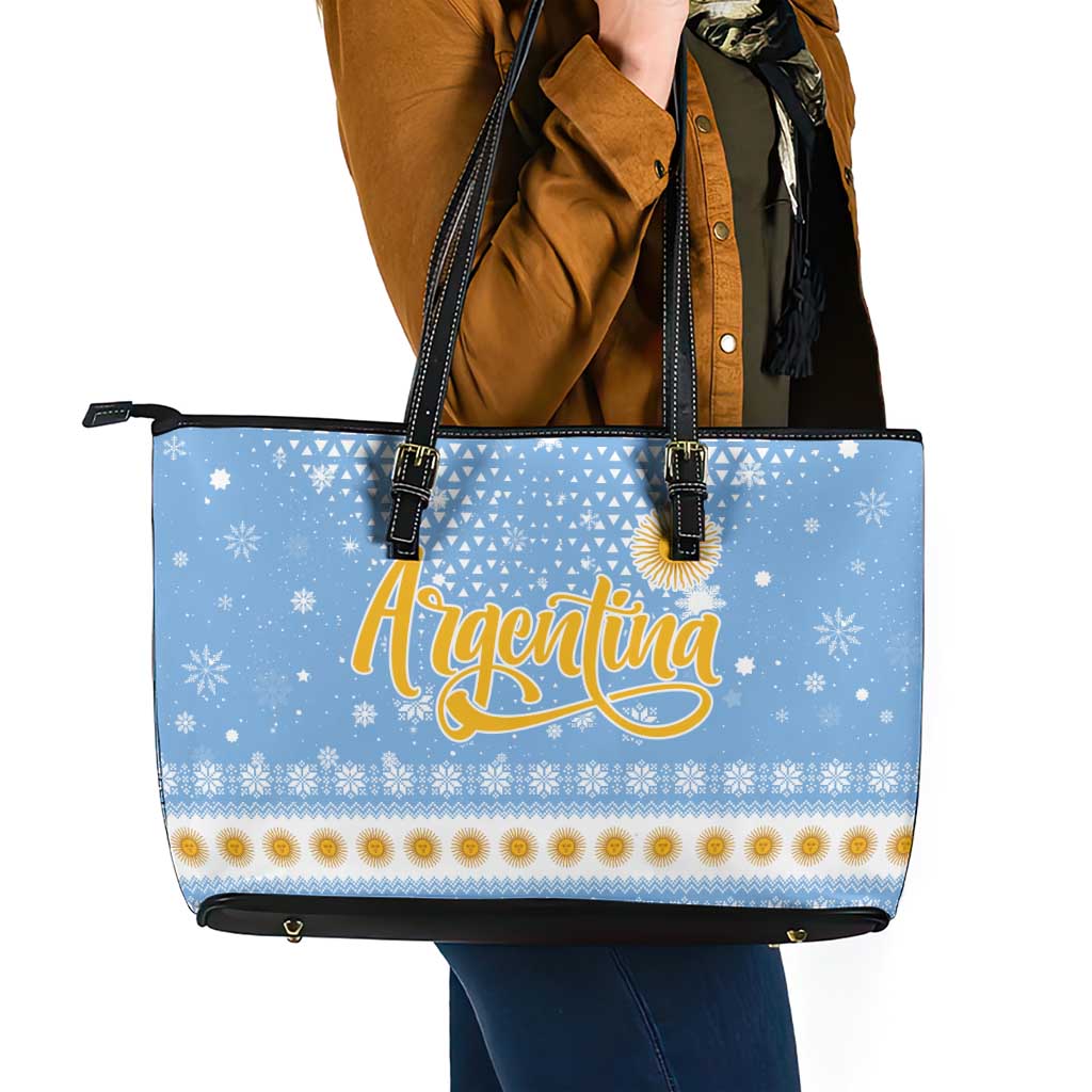 Argentina Christmas Leather Tote Bag with Blue-White Snowflake Pattern, Sun Emblem, and Gaucho Santa Riding Horse Motif - Wonder Print Shop