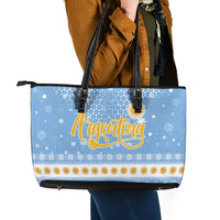 Argentina Christmas Leather Tote Bag with Blue-White Snowflake Pattern, Sun Emblem, and Gaucho Santa Riding Horse Motif - Wonder Print Shop