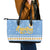 Argentina Christmas Leather Tote Bag with Blue-White Snowflake Pattern, Sun Emblem, and Gaucho Santa Riding Horse Motif - Wonder Print Shop