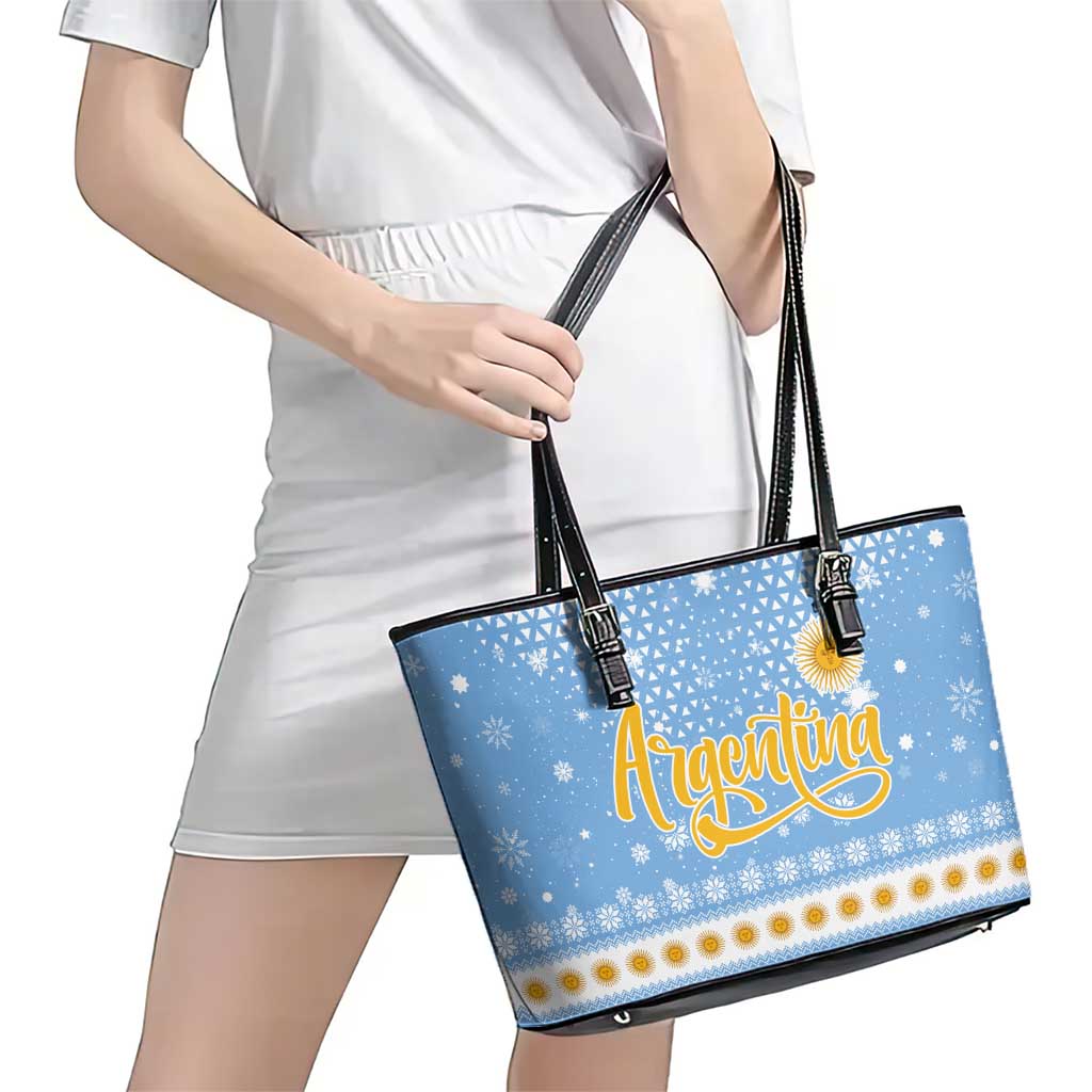 Argentina Christmas Leather Tote Bag with Blue-White Snowflake Pattern, Sun Emblem, and Gaucho Santa Riding Horse Motif - Wonder Print Shop