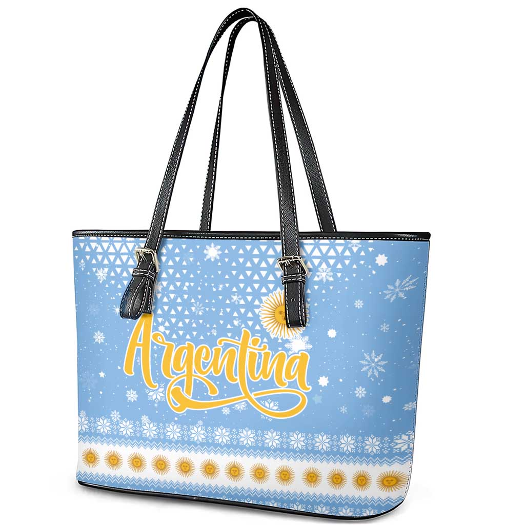 Argentina Christmas Leather Tote Bag with Blue-White Snowflake Pattern, Sun Emblem, and Gaucho Santa Riding Horse Motif - Wonder Print Shop