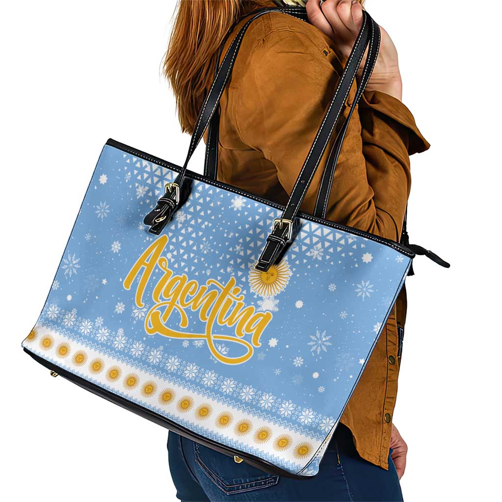Argentina Christmas Leather Tote Bag with Blue-White Snowflake Pattern, Sun Emblem, and Gaucho Santa Riding Horse Motif - Wonder Print Shop