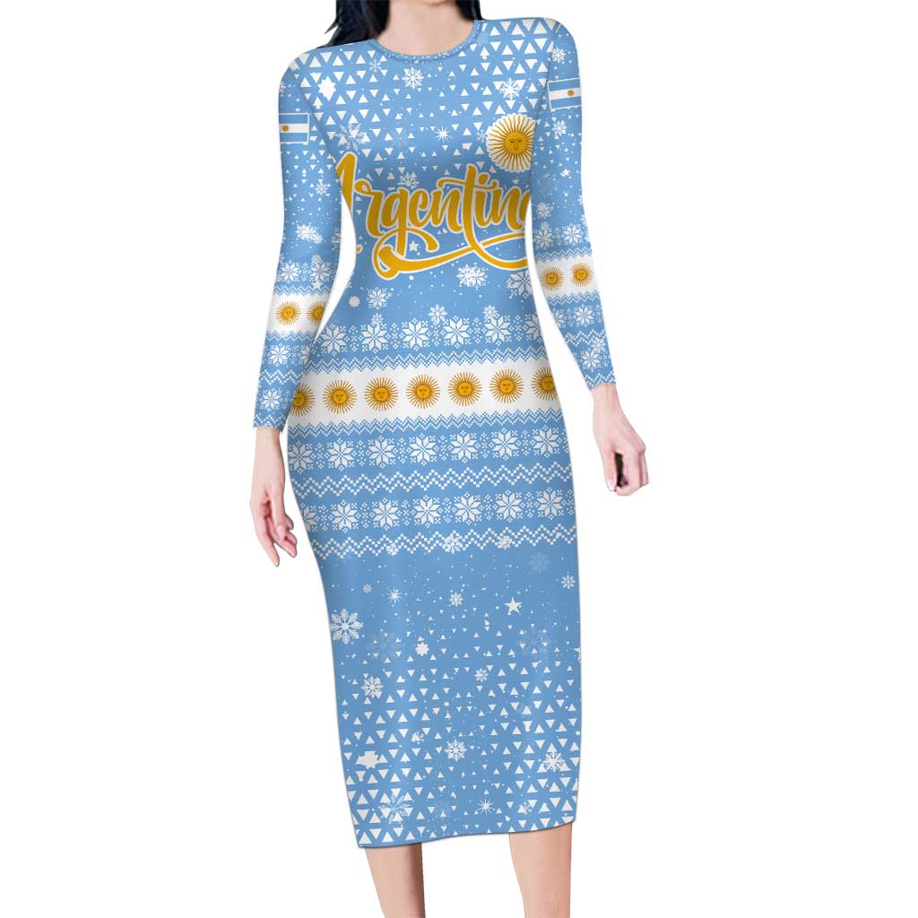 Argentina Christmas Long Sleeve Bodycon Dress with Blue-White Snowflake Pattern, Sun Emblem, and Gaucho Santa Riding Horse Motif - Wonder Print Shop
