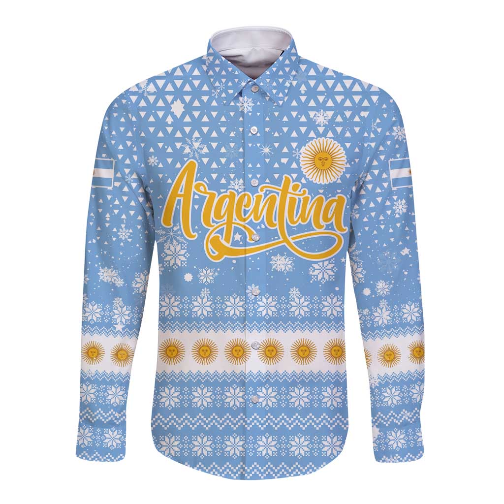 Argentina Christmas Long Sleeve Button Shirt with Blue-White Snowflake Pattern, Sun Emblem, and Gaucho Santa Riding Horse Motif - Wonder Print Shop
