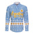 Argentina Christmas Long Sleeve Button Shirt with Blue-White Snowflake Pattern, Sun Emblem, and Gaucho Santa Riding Horse Motif - Wonder Print Shop
