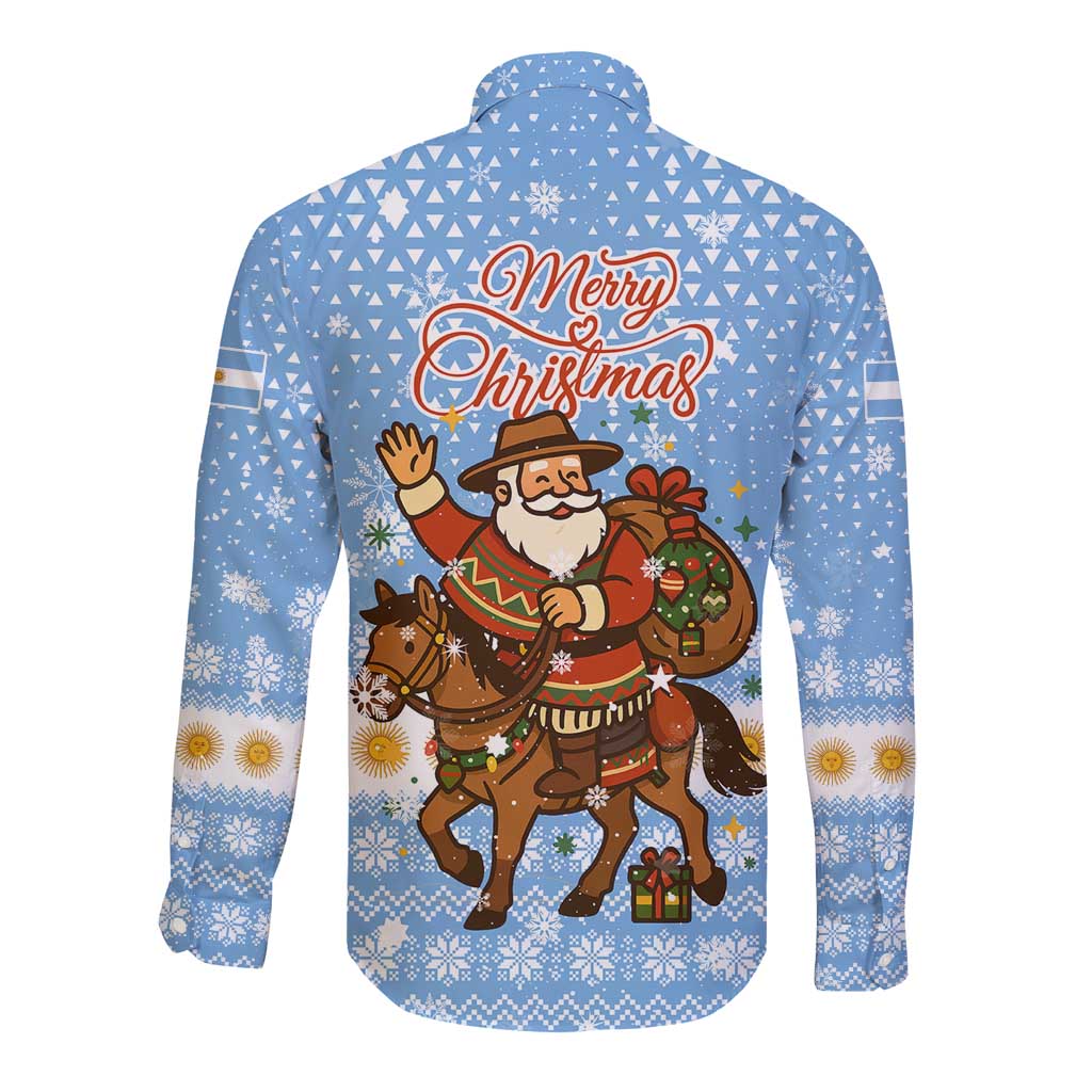 Argentina Christmas Long Sleeve Button Shirt with Blue-White Snowflake Pattern, Sun Emblem, and Gaucho Santa Riding Horse Motif - Wonder Print Shop