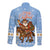 Argentina Christmas Long Sleeve Button Shirt with Blue-White Snowflake Pattern, Sun Emblem, and Gaucho Santa Riding Horse Motif - Wonder Print Shop