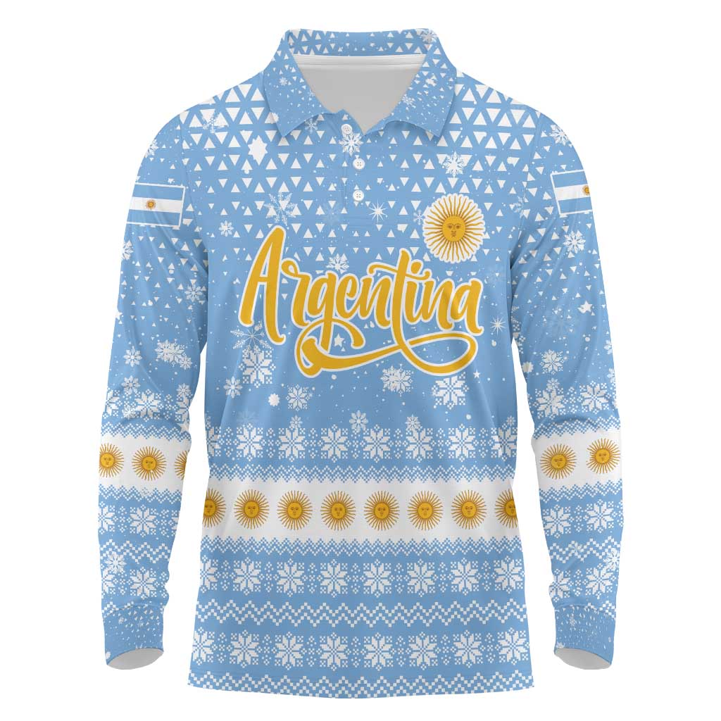Argentina Christmas Long Sleeve Polo Shirt with Blue-White Snowflake Pattern, Sun Emblem, and Gaucho Santa Riding Horse Motif - Wonder Print Shop