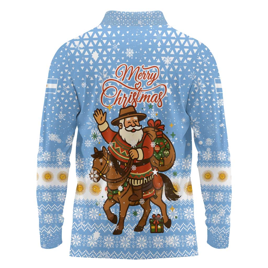 Argentina Christmas Long Sleeve Polo Shirt with Blue-White Snowflake Pattern, Sun Emblem, and Gaucho Santa Riding Horse Motif - Wonder Print Shop