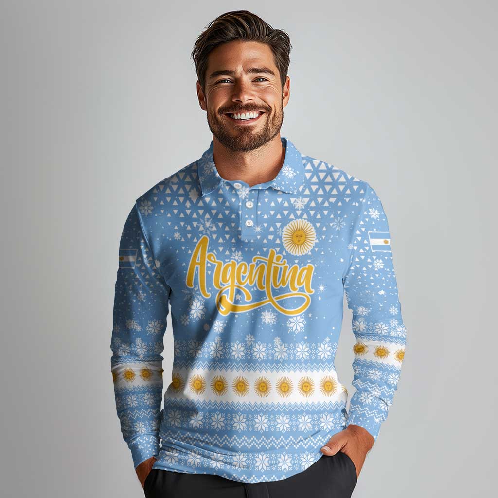 Argentina Christmas Long Sleeve Polo Shirt with Blue-White Snowflake Pattern, Sun Emblem, and Gaucho Santa Riding Horse Motif - Wonder Print Shop