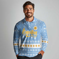 Argentina Christmas Long Sleeve Polo Shirt with Blue-White Snowflake Pattern, Sun Emblem, and Gaucho Santa Riding Horse Motif - Wonder Print Shop