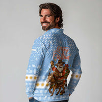 Argentina Christmas Long Sleeve Polo Shirt with Blue-White Snowflake Pattern, Sun Emblem, and Gaucho Santa Riding Horse Motif - Wonder Print Shop