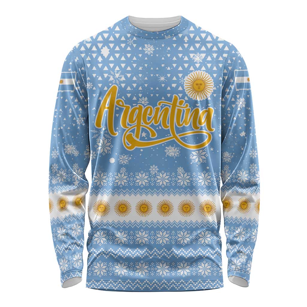 Argentina Christmas Long Sleeve Shirt with Blue-White Snowflake Pattern, Sun Emblem, and Gaucho Santa Riding Horse Motif - Wonder Print Shop