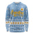 Argentina Christmas Long Sleeve Shirt with Blue-White Snowflake Pattern, Sun Emblem, and Gaucho Santa Riding Horse Motif - Wonder Print Shop