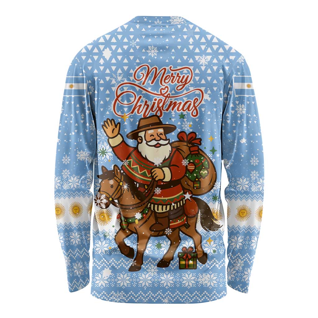 Argentina Christmas Long Sleeve Shirt with Blue-White Snowflake Pattern, Sun Emblem, and Gaucho Santa Riding Horse Motif - Wonder Print Shop
