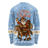 Argentina Christmas Long Sleeve Shirt with Blue-White Snowflake Pattern, Sun Emblem, and Gaucho Santa Riding Horse Motif - Wonder Print Shop