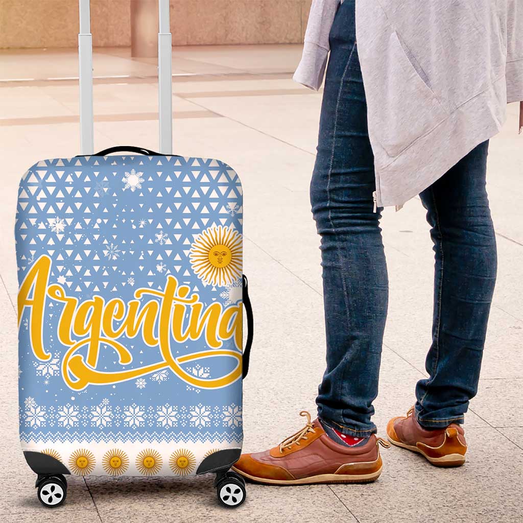 Argentina Christmas Luggage Cover with Blue-White Snowflake Pattern, Sun Emblem, and Gaucho Santa Riding Horse Motif - Wonder Print Shop
