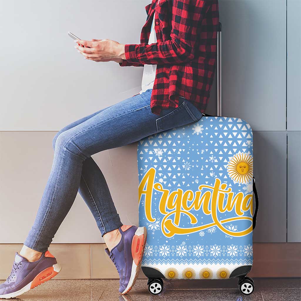 Argentina Christmas Luggage Cover with Blue-White Snowflake Pattern, Sun Emblem, and Gaucho Santa Riding Horse Motif - Wonder Print Shop
