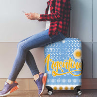 Argentina Christmas Luggage Cover with Blue-White Snowflake Pattern, Sun Emblem, and Gaucho Santa Riding Horse Motif - Wonder Print Shop