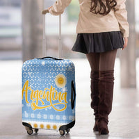 Argentina Christmas Luggage Cover with Blue-White Snowflake Pattern, Sun Emblem, and Gaucho Santa Riding Horse Motif - Wonder Print Shop
