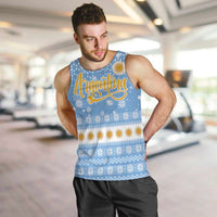 Argentina Christmas Men Tank Top with Blue-White Snowflake Pattern, Sun Emblem, and Gaucho Santa Riding Horse Motif - Wonder Print Shop