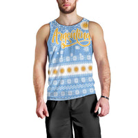 Argentina Christmas Men Tank Top with Blue-White Snowflake Pattern, Sun Emblem, and Gaucho Santa Riding Horse Motif - Wonder Print Shop