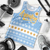 Argentina Christmas Men Tank Top with Blue-White Snowflake Pattern, Sun Emblem, and Gaucho Santa Riding Horse Motif - Wonder Print Shop