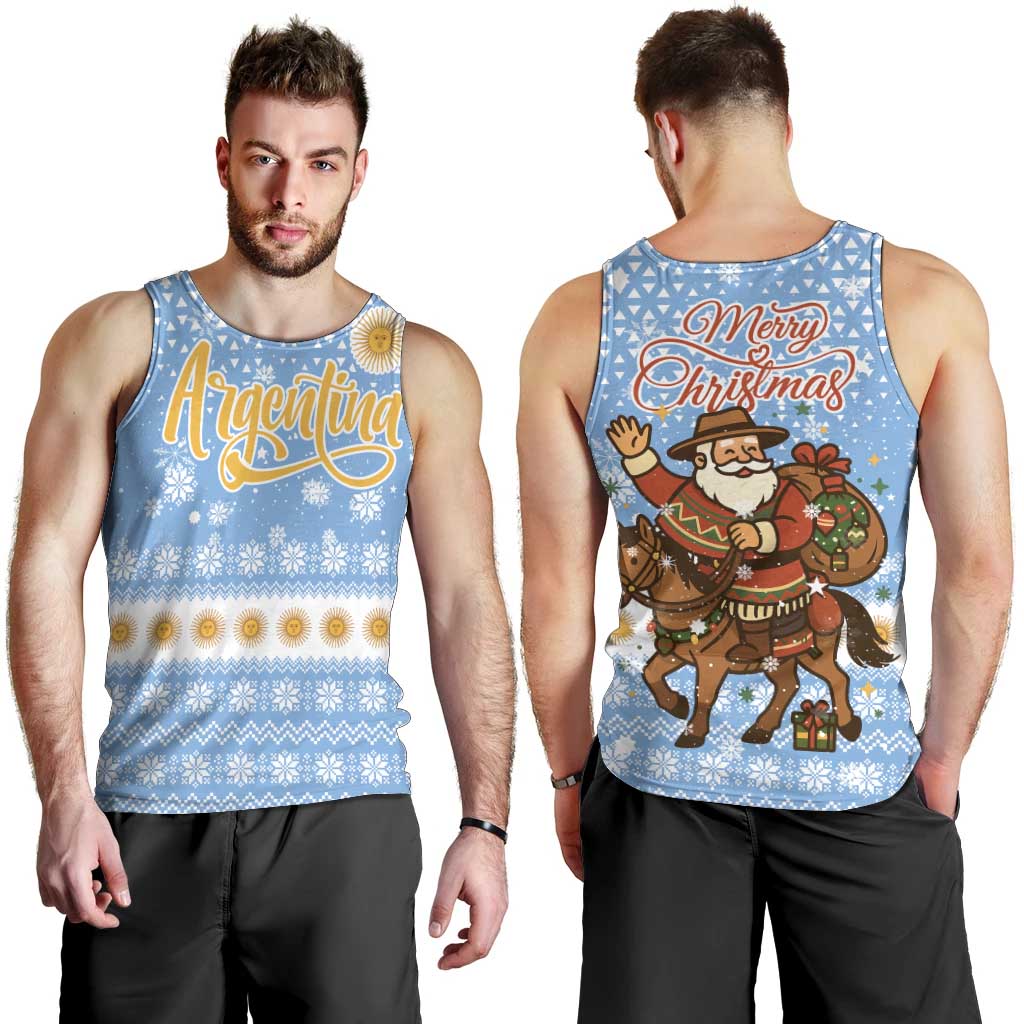 Argentina Christmas Men Tank Top with Blue-White Snowflake Pattern, Sun Emblem, and Gaucho Santa Riding Horse Motif - Wonder Print Shop