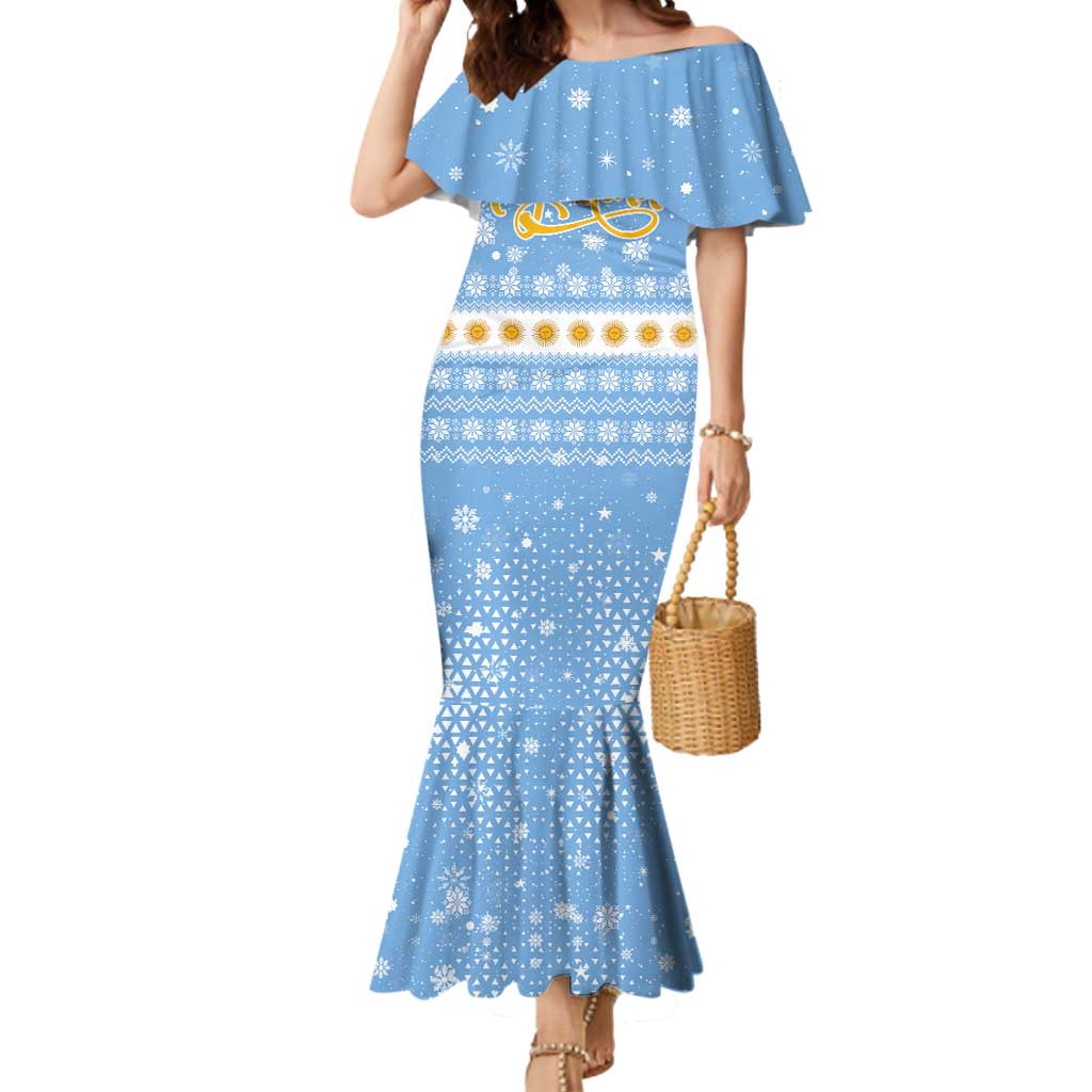 Argentina Christmas Mermaid Dress with Blue-White Snowflake Pattern, Sun Emblem, and Gaucho Santa Riding Horse Motif - Wonder Print Shop