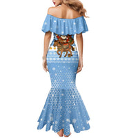 Argentina Christmas Mermaid Dress with Blue-White Snowflake Pattern, Sun Emblem, and Gaucho Santa Riding Horse Motif - Wonder Print Shop
