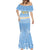 Argentina Christmas Mermaid Dress with Blue-White Snowflake Pattern, Sun Emblem, and Gaucho Santa Riding Horse Motif - Wonder Print Shop