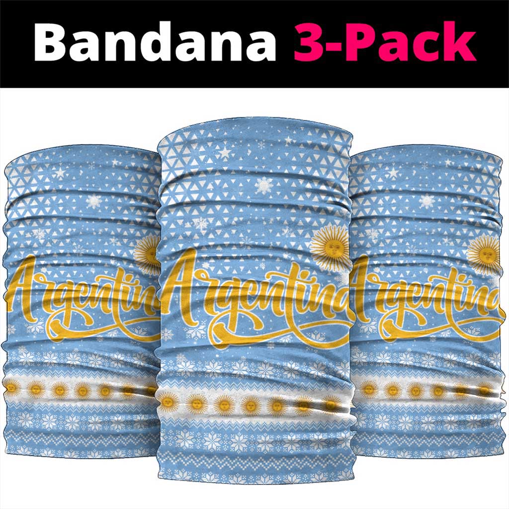 Argentina Christmas Neck Gaiter with Blue-White Snowflake Pattern, Sun Emblem, and Gaucho Santa Riding Horse Motif - Wonder Print Shop